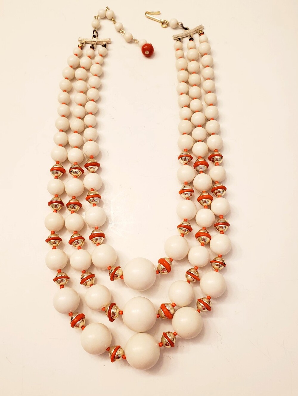 Triple Strand White Bead Statement Necklace with Orange Accents, Vintage Japan